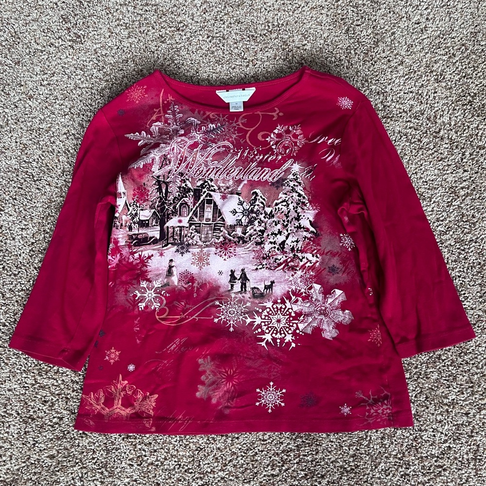 Vintage Christopher & Banks‎ Petite Winter Wonderland Cherry Red 3/4 Sleeve Top